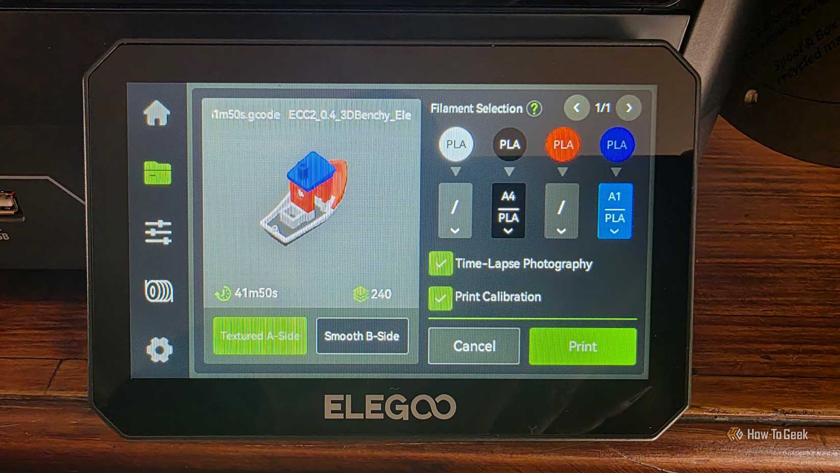 The ELEGOO printer screen shows color options for a model prior to printing.