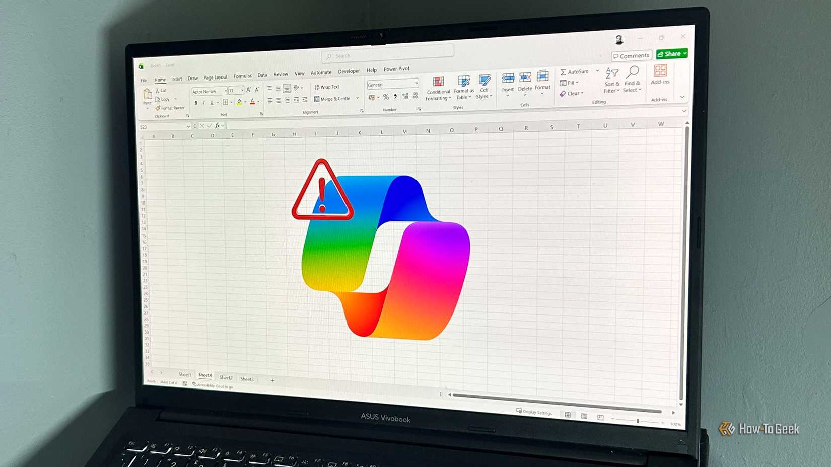 A laptop screen showing an Excel spreadsheet with the Microsoft Copilot logo and a red warning triangle icon overlaid on a blank grid.
