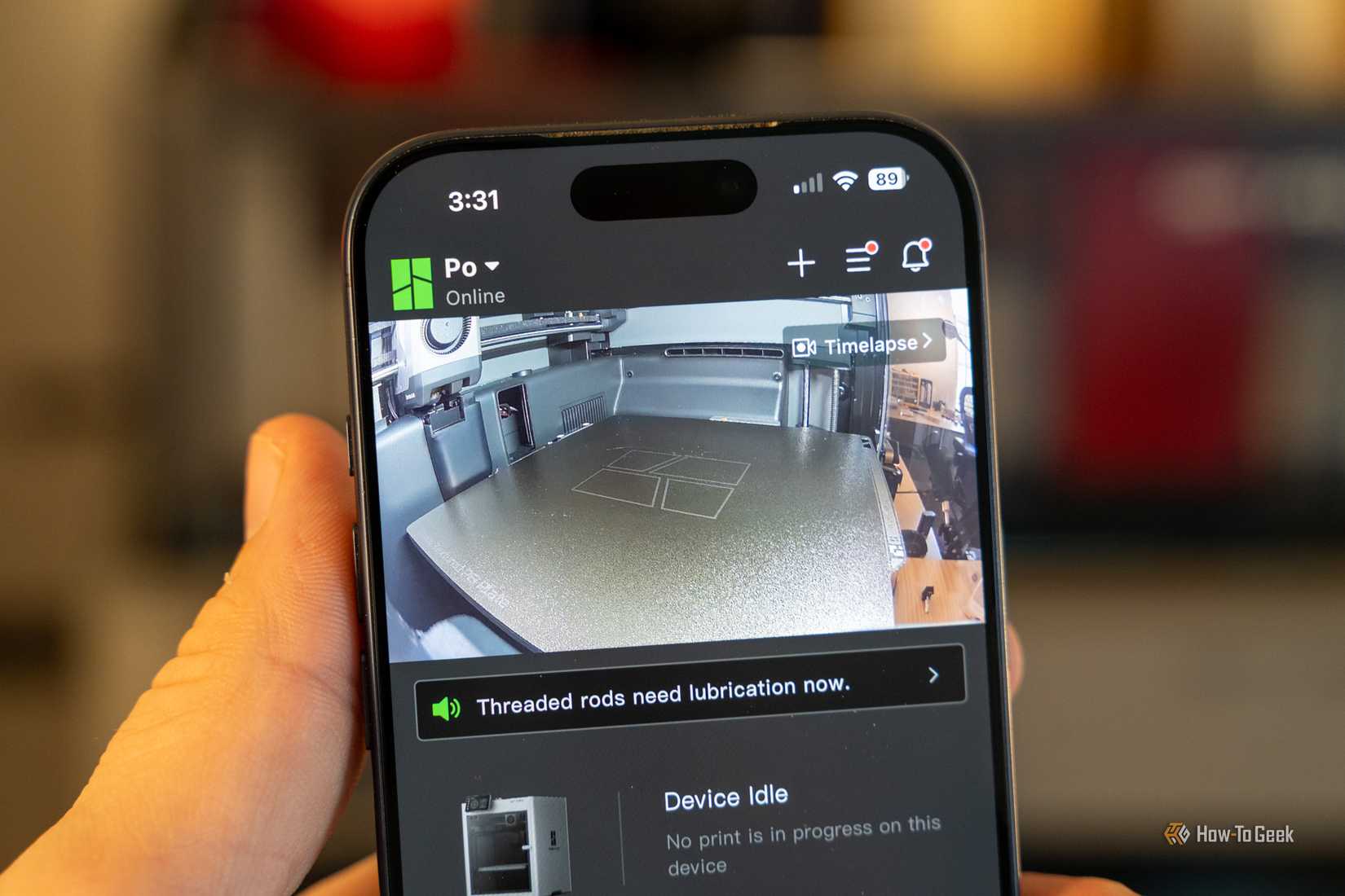 iPhone 17 Pro showing camera feed from Bambu Lab P2S 3D printer.