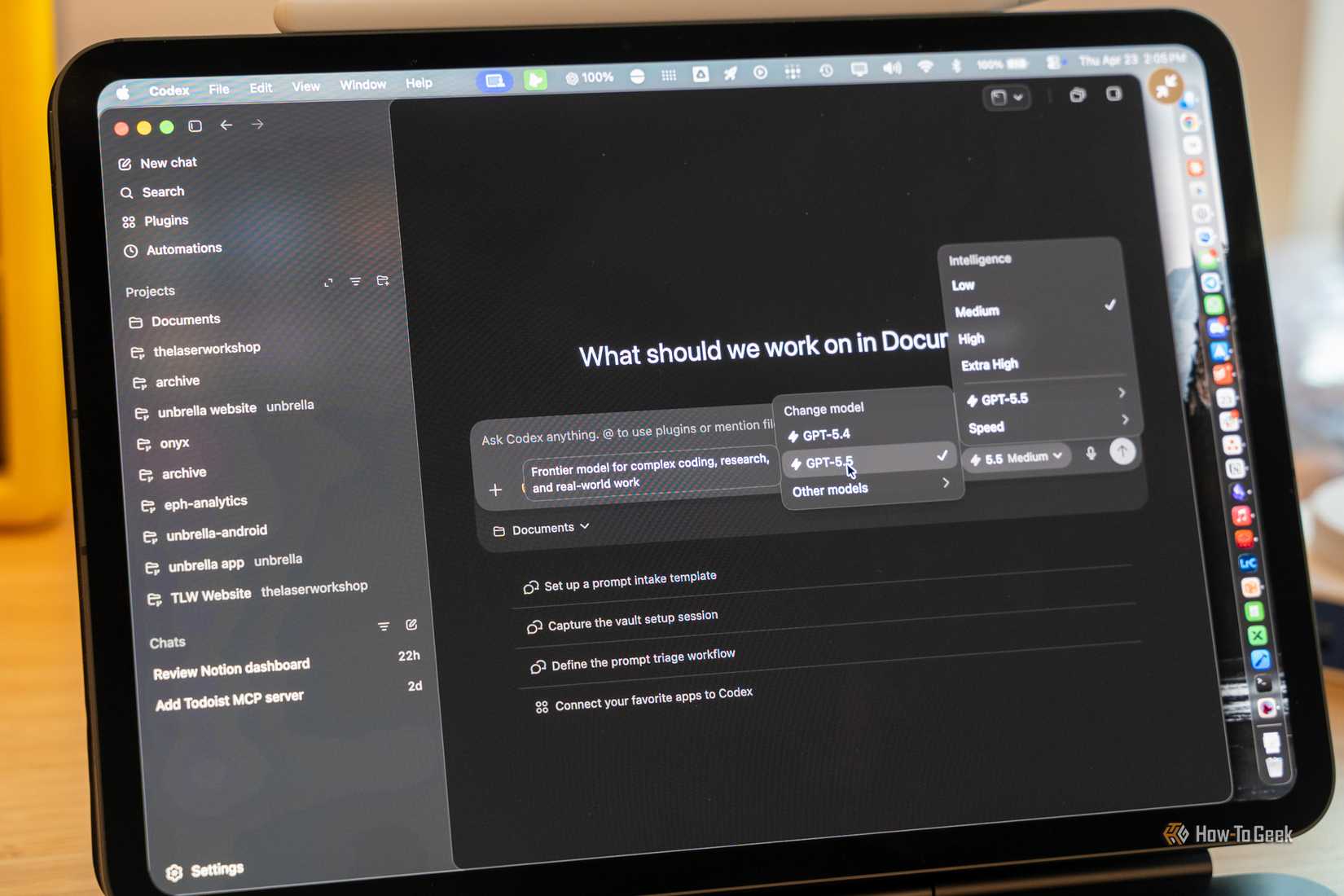 Codex running on an iPad through remote desktop showing GPT 5.5 available for use.