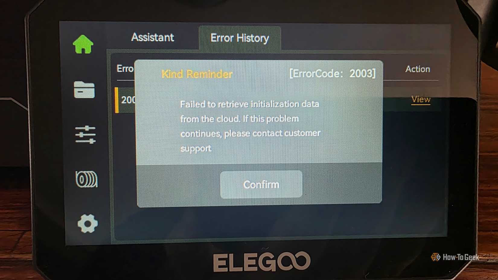 An error message on the ELEGOO Centauri Carbon 2.