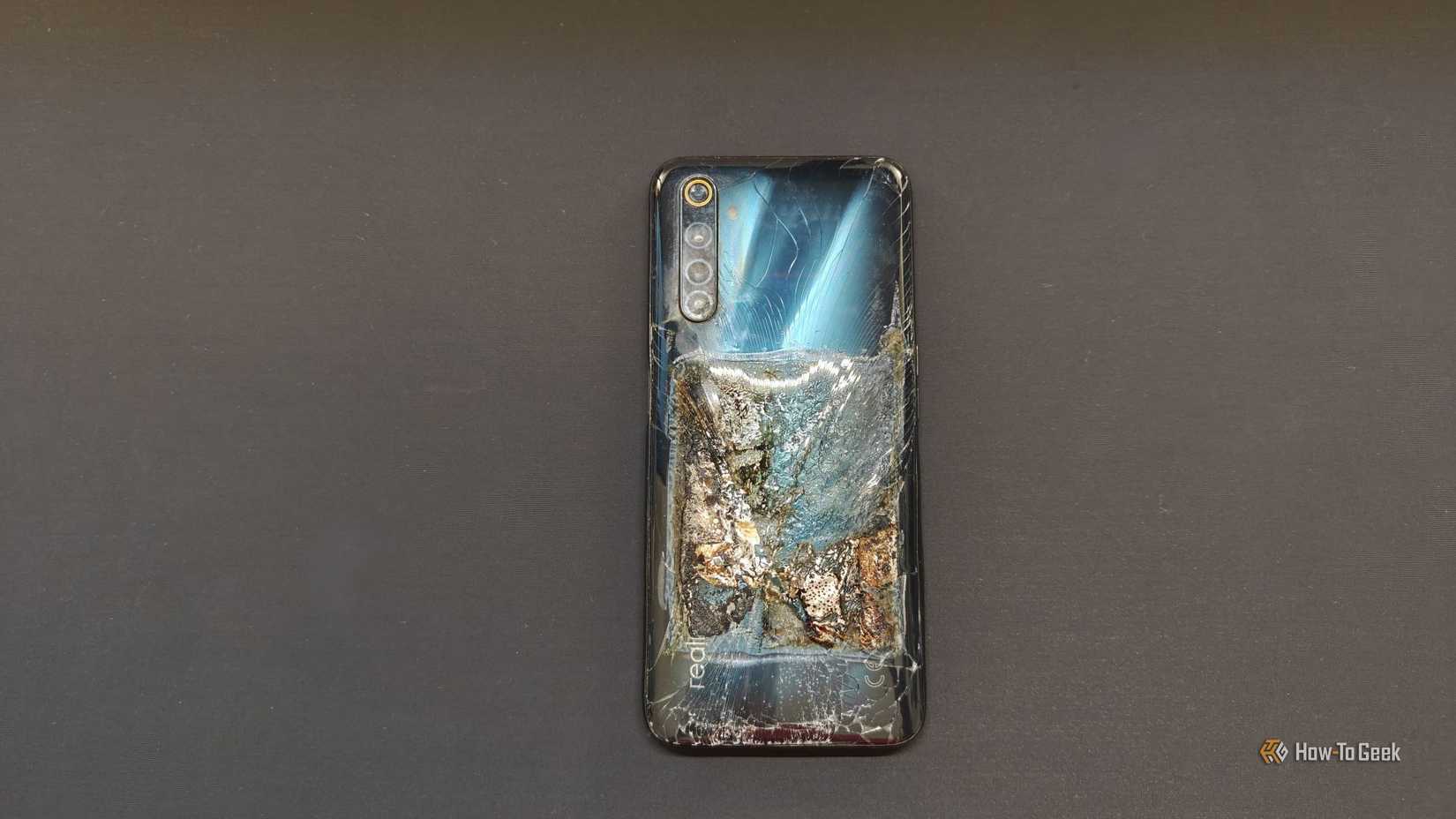 A phone with a burned lithium-ion battery.