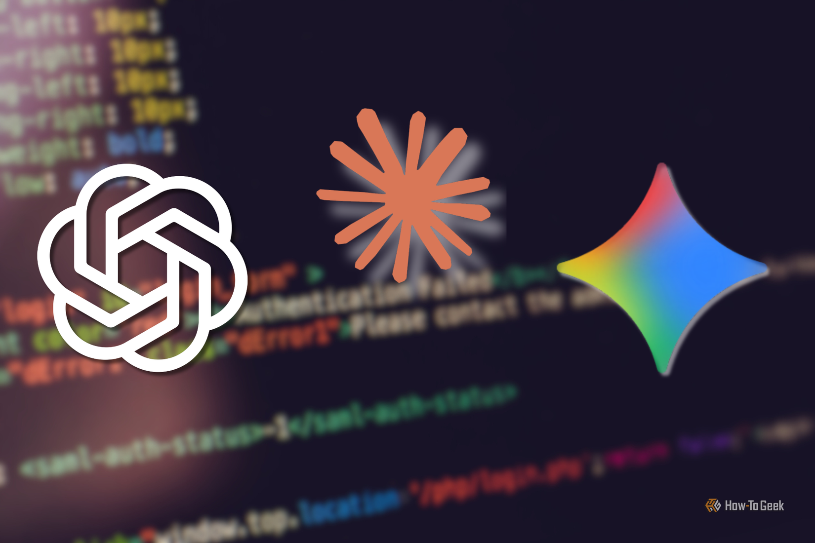 ChatGPT, Claude, and Gemini logos over a code editor with some blurred code written.