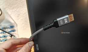 A side view of a DisplayPort cable.