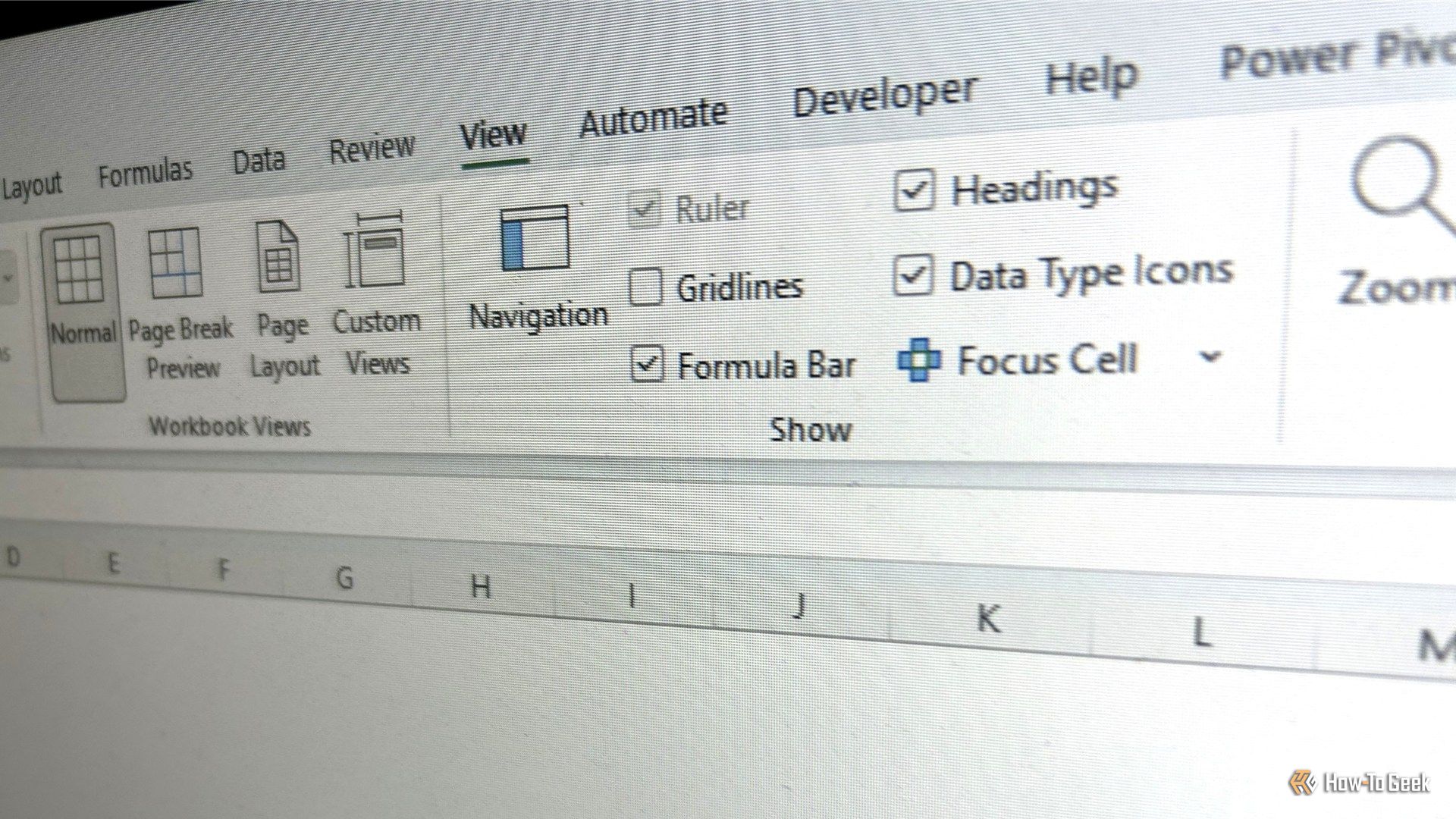 Laptop screen showing Gridlines hidden in Microsoft Excel.