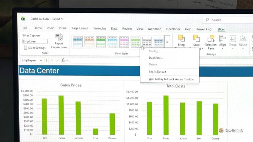 Laptop screen showing the Modify option grayed out when you right-click a slicer style in Excel.