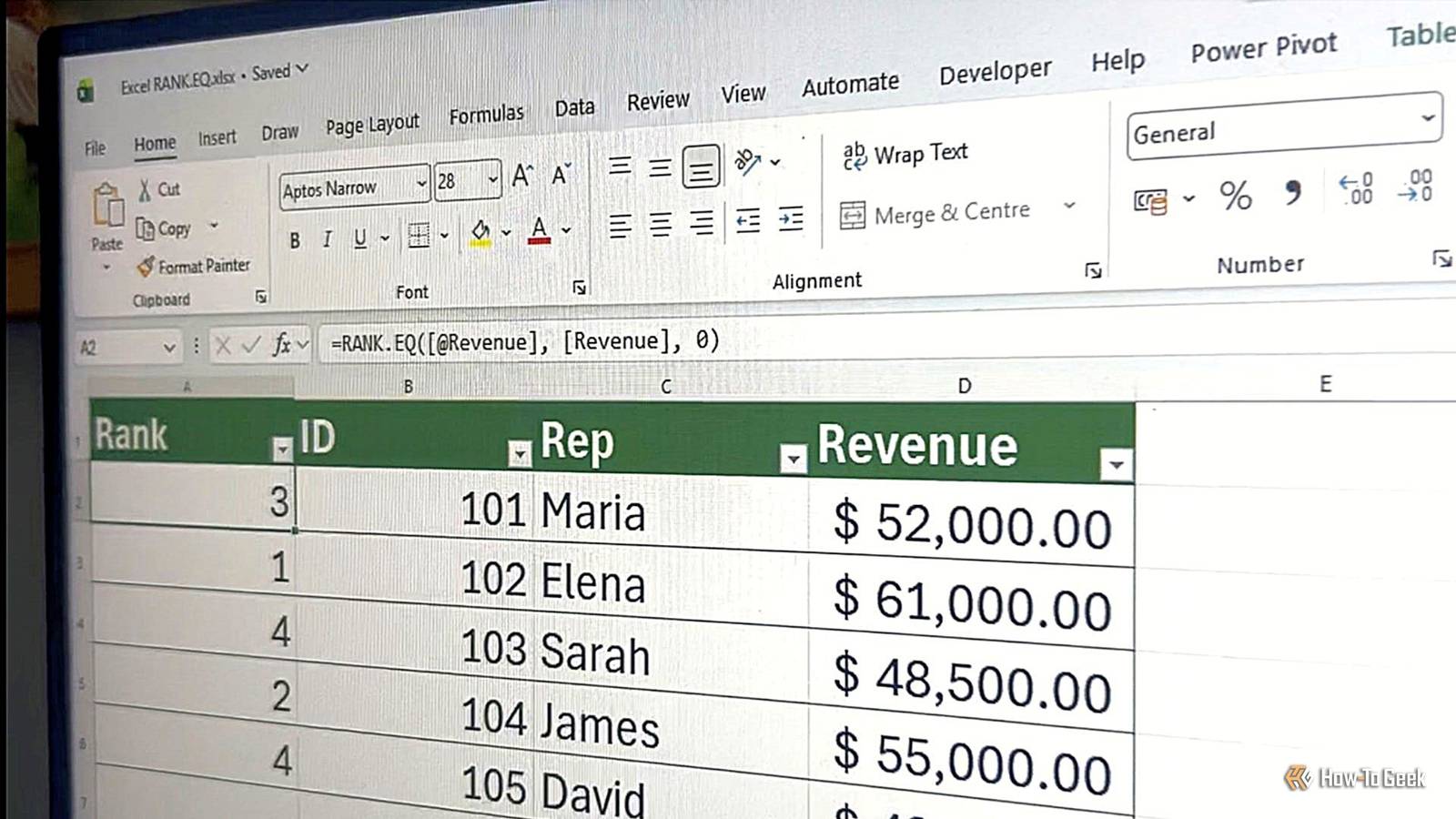 ExcelのRANK.EQ関数で動的リーダーボードを作成する様子