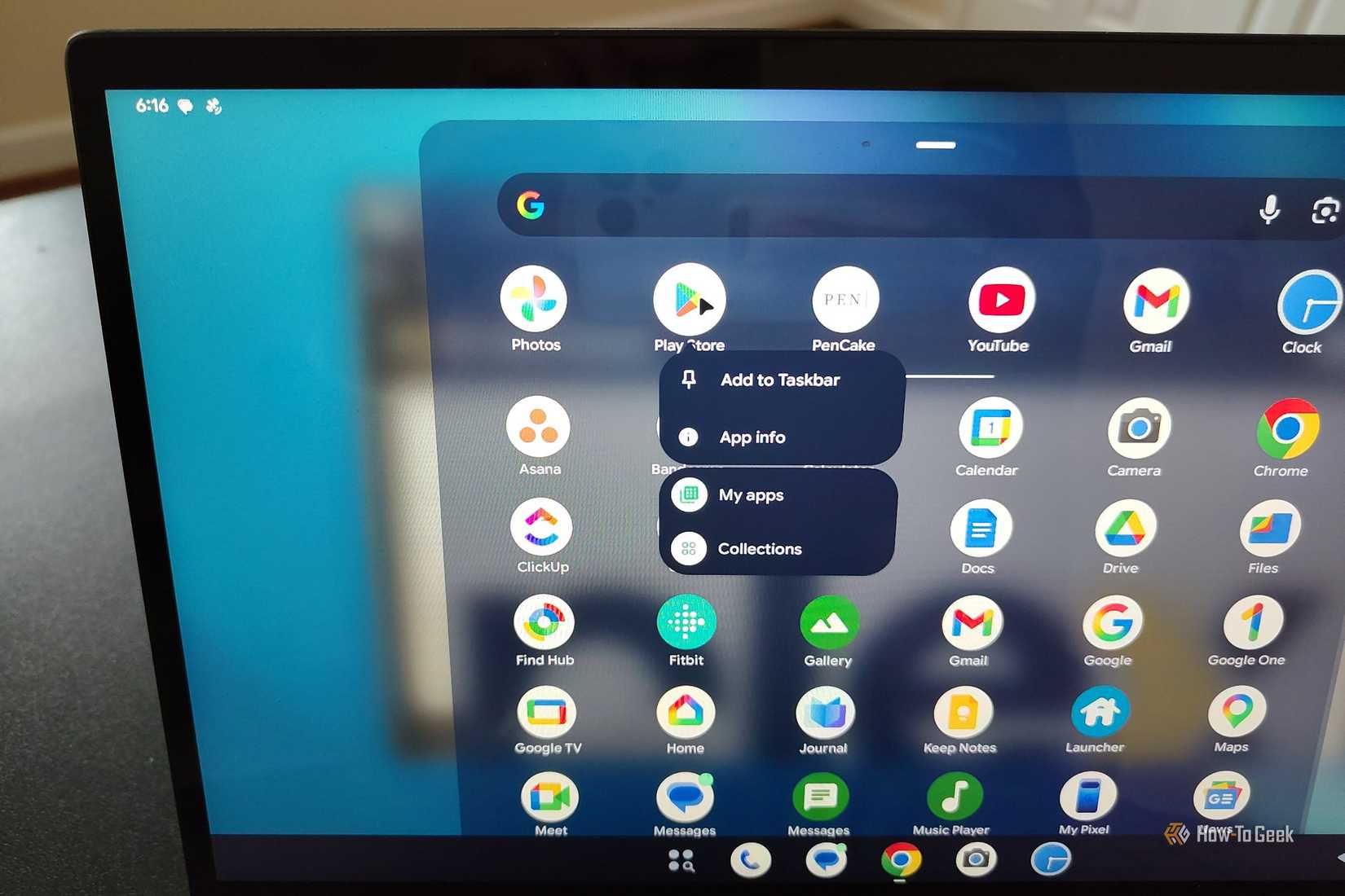 Adding the Play Store to the taskbar on a Pixel Desktop.
