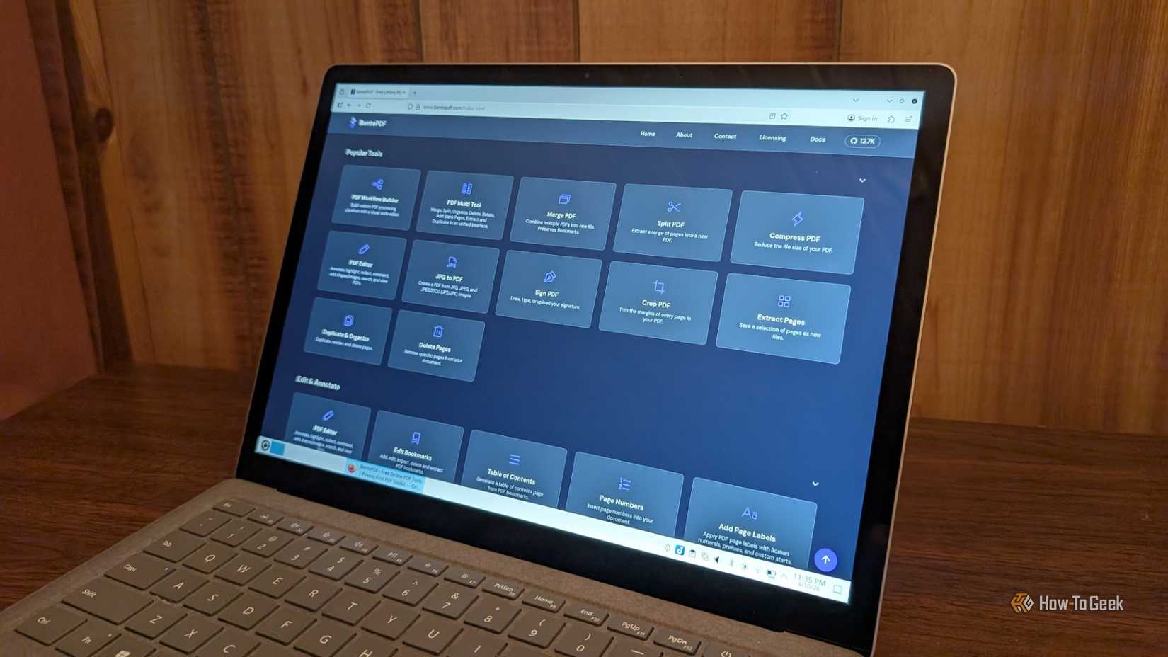BentoPDF open on a Microsoft Surface laptop running Kubuntu. 