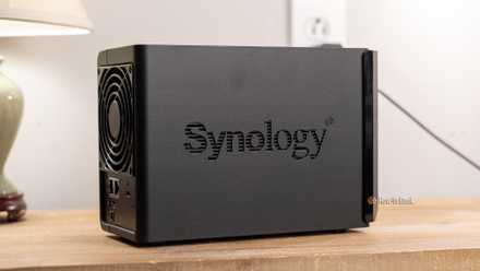 Rear side view of the Synology DS225 Plus 2-bay NAS with fan and ports visible.
