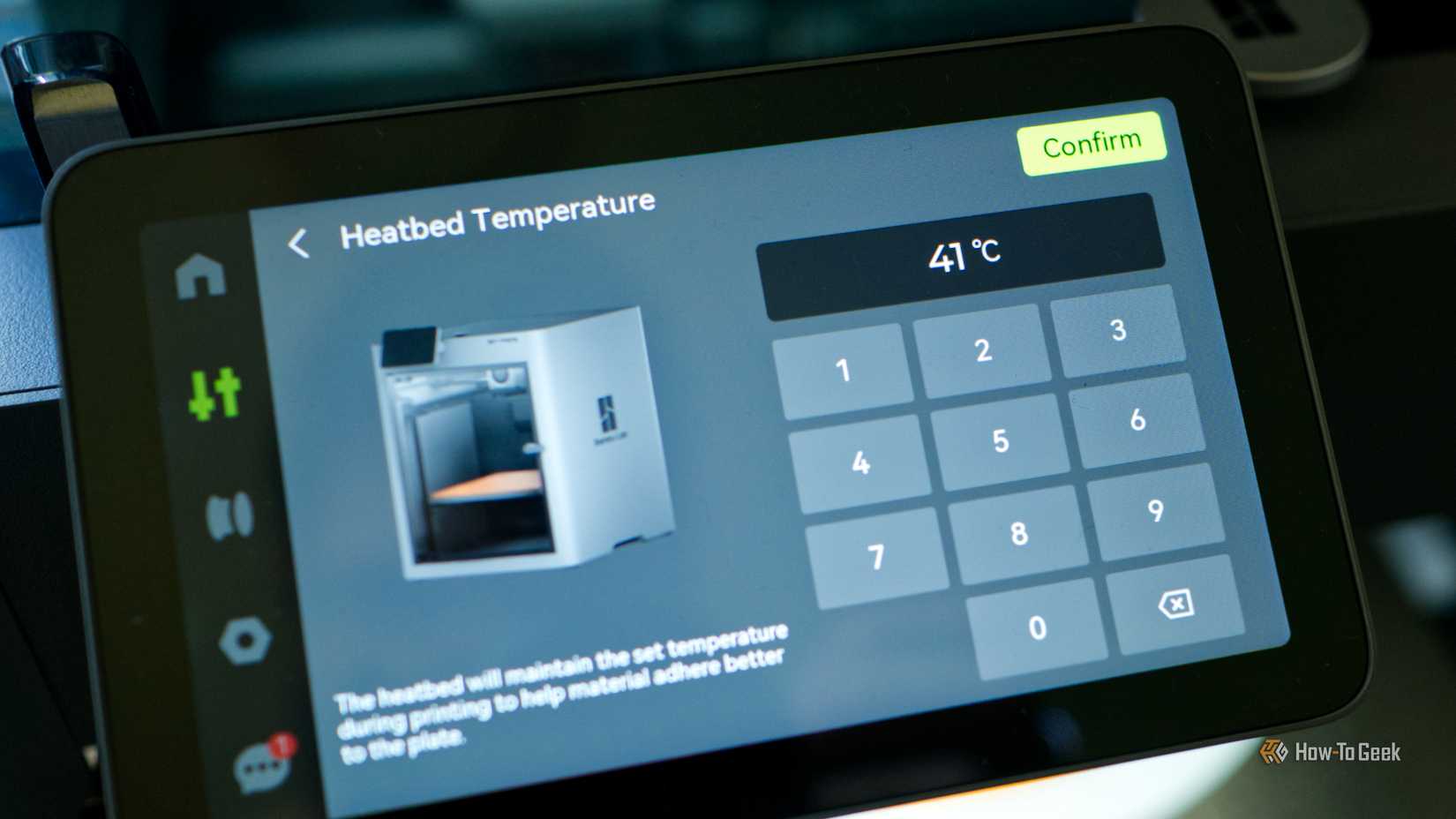 Setting the print bed temperature on a Bambu Lab P2S.