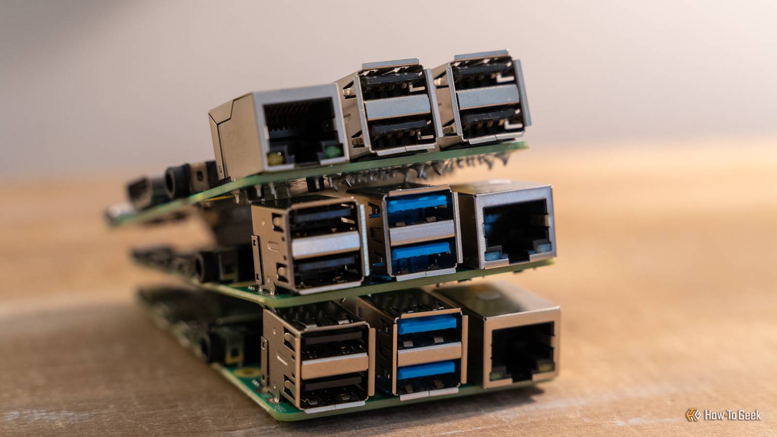 Stacked Raspberry Pi boards showing Ethernet and USB ports from the side.