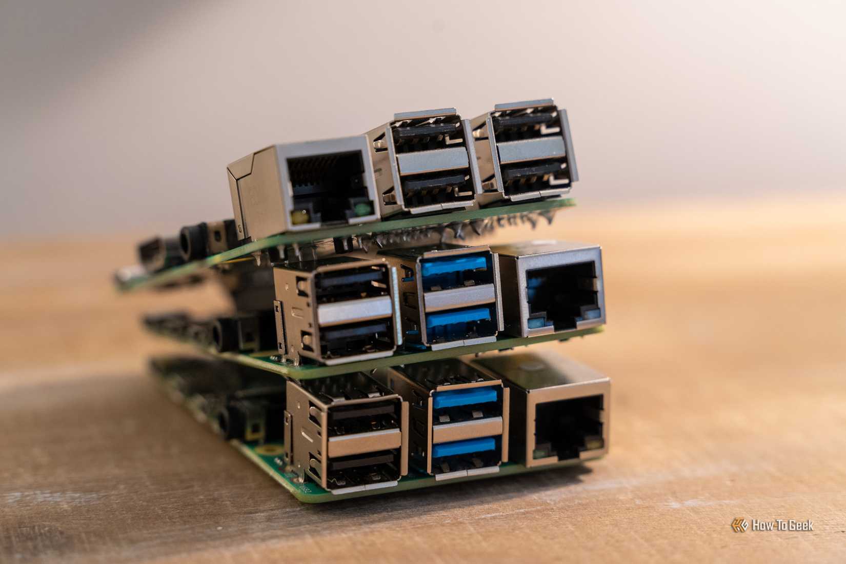 Stacked Raspberry Pi boards showing Ethernet and USB ports from the side.
