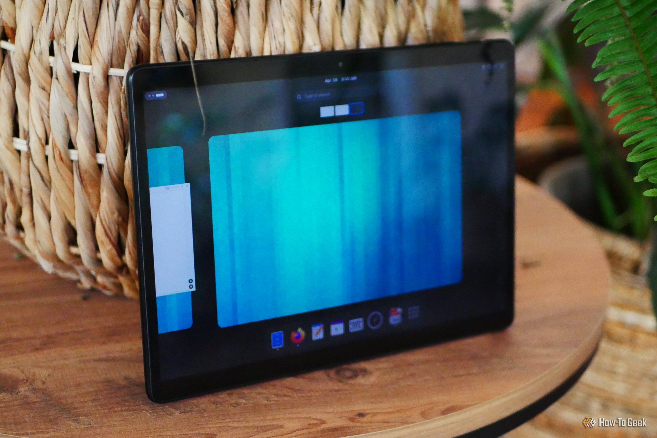 Star Labs StarLite Linux tablet propped up on a side table.