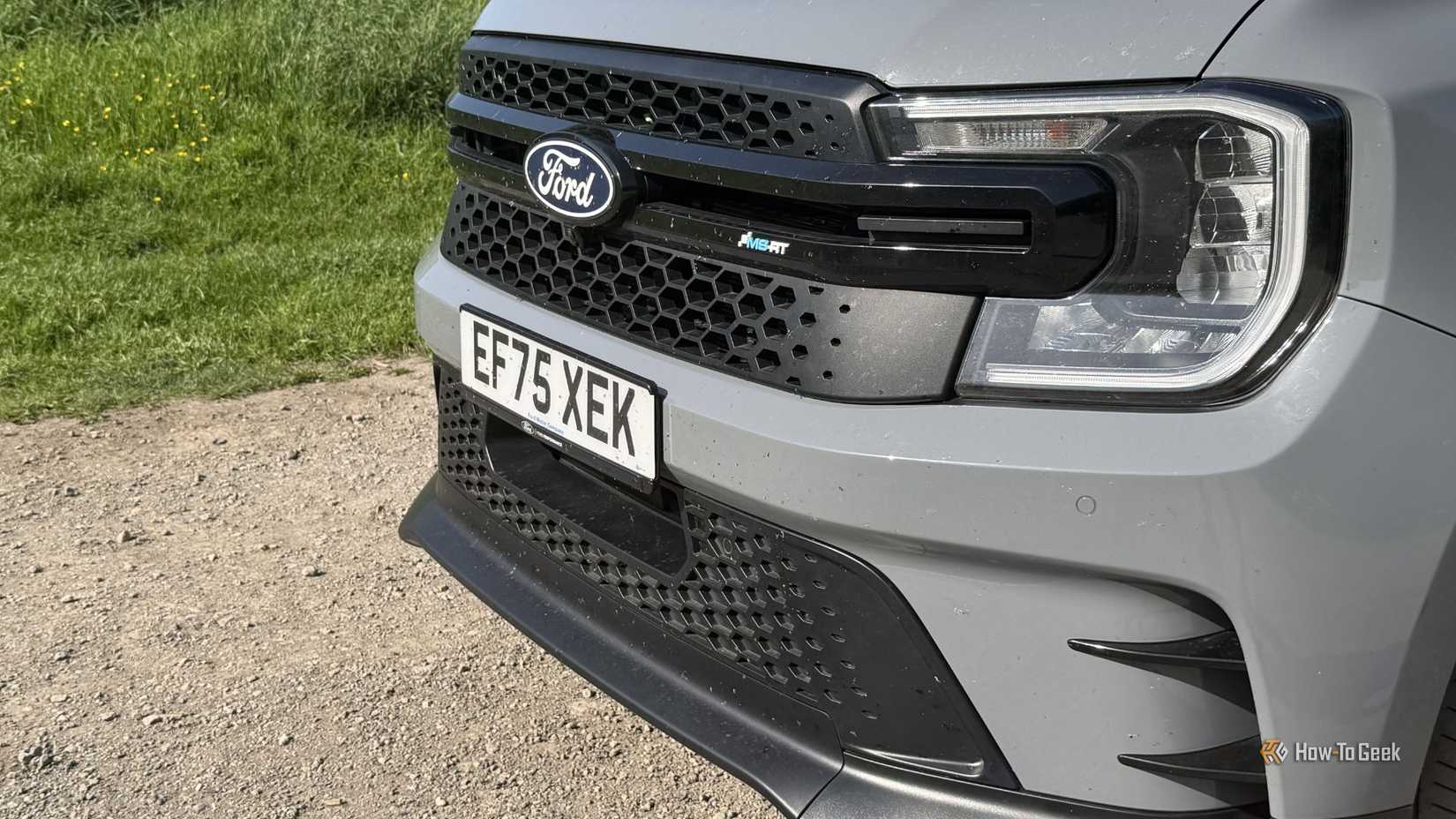 Close-up shot of the front end of a gray 2025 Ford Ranger MS-RT.