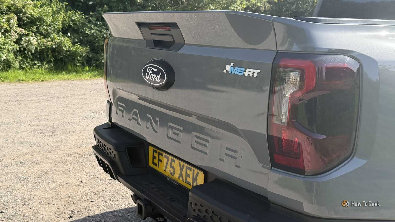 Close-up shot of the rear end of a gray 2025 Ford Ranger MS-RT.