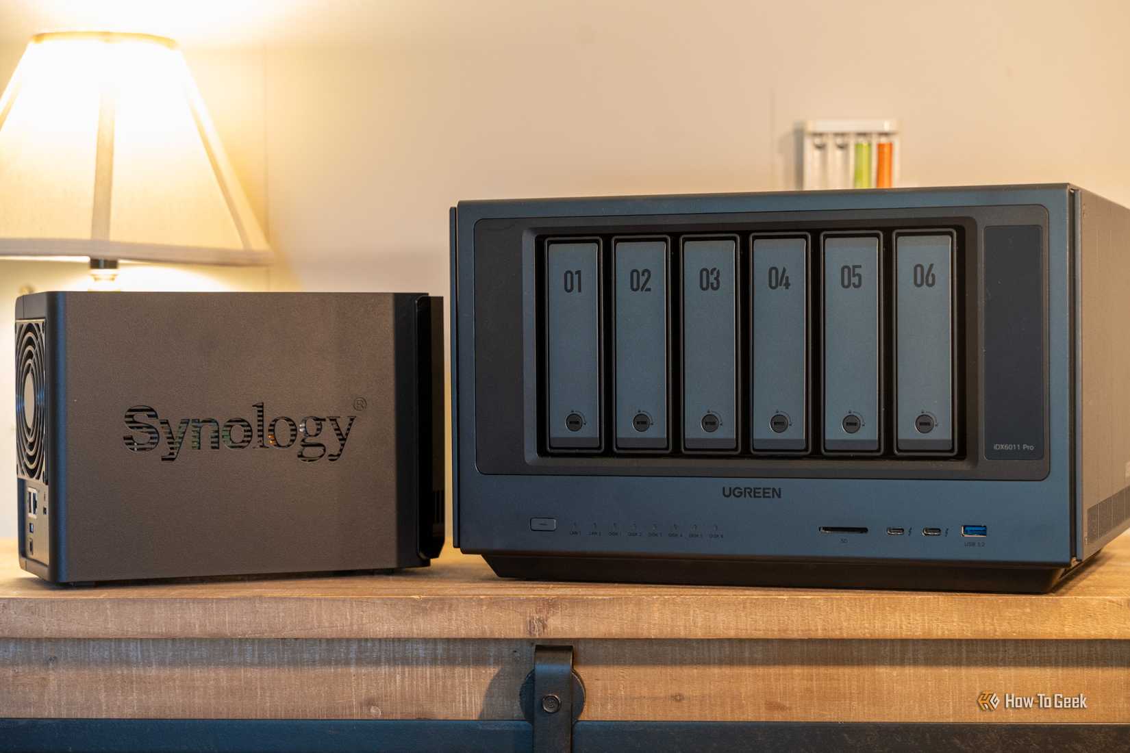 A Synology DS225+ NAS sitting next to a Ugreen iDX6011 Pro NAS.
