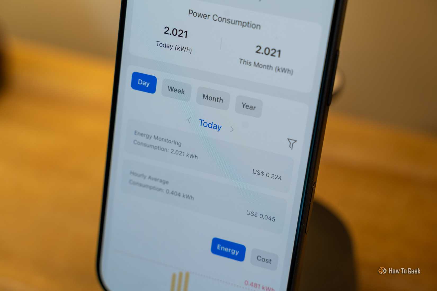 Close-up of meross MSS315 smart plug energy consumption and cost details on iPhone.