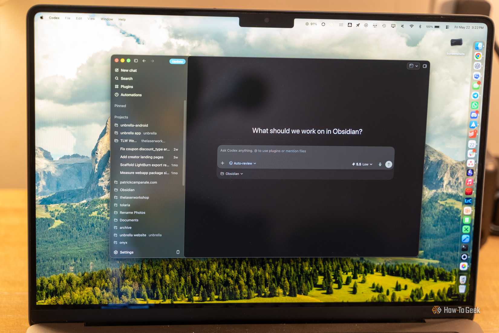The Codex desktop app opens on your laptop with the Obsidian project selected.
