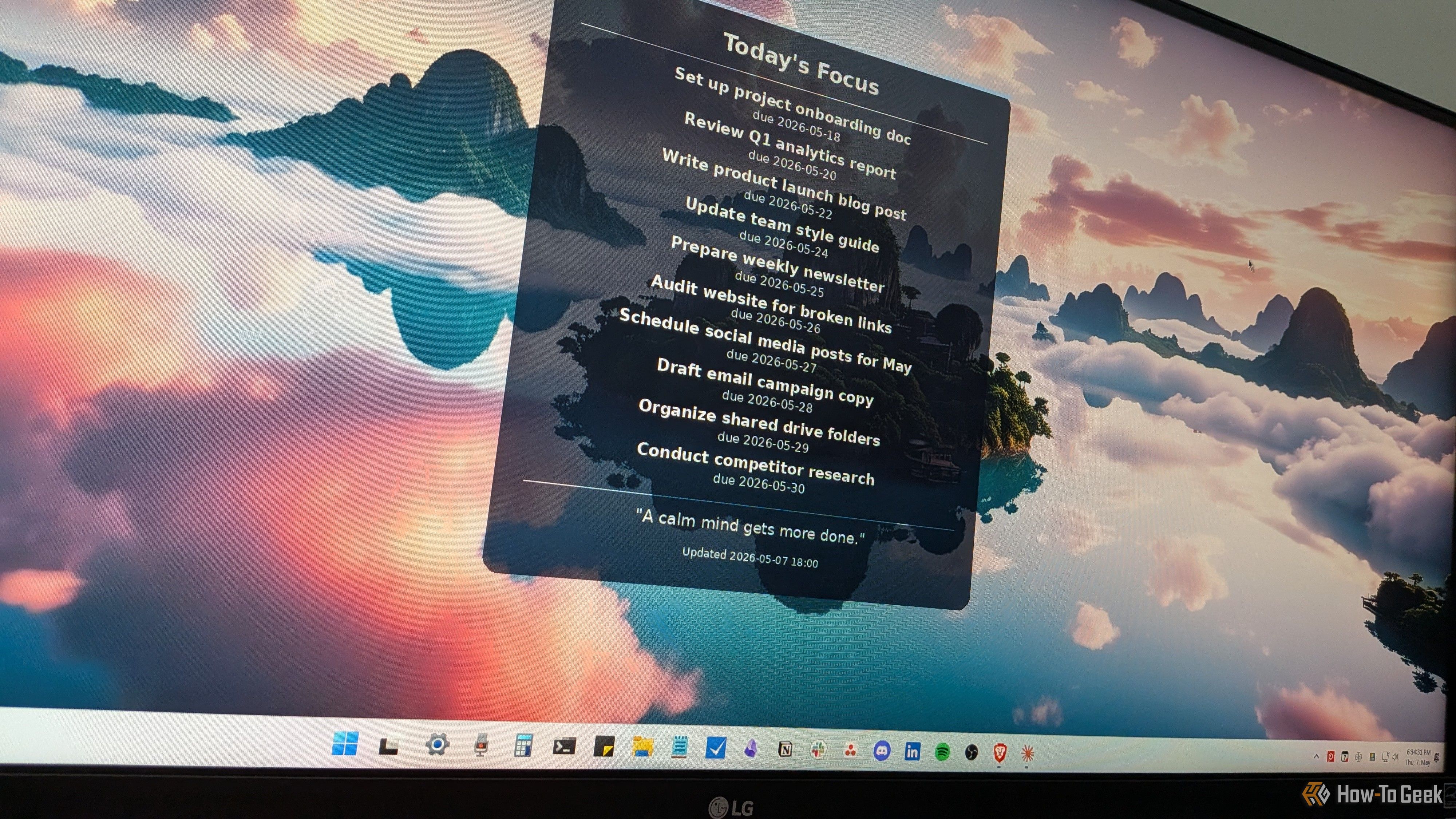 Desktop wallpaper with daily tasks etched in.