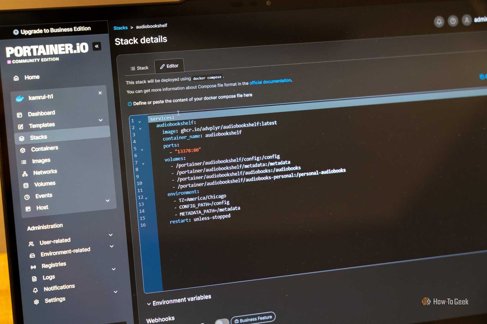 Docker Compose file for Audiobookshelf open in the Portainer stack editor.