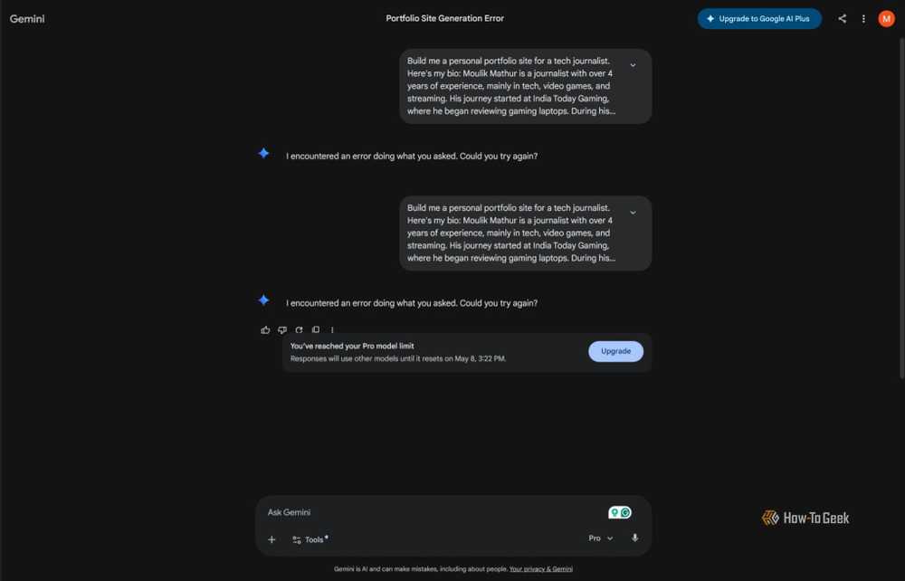 Gemini displayed prompt errors during the portfolio generation test