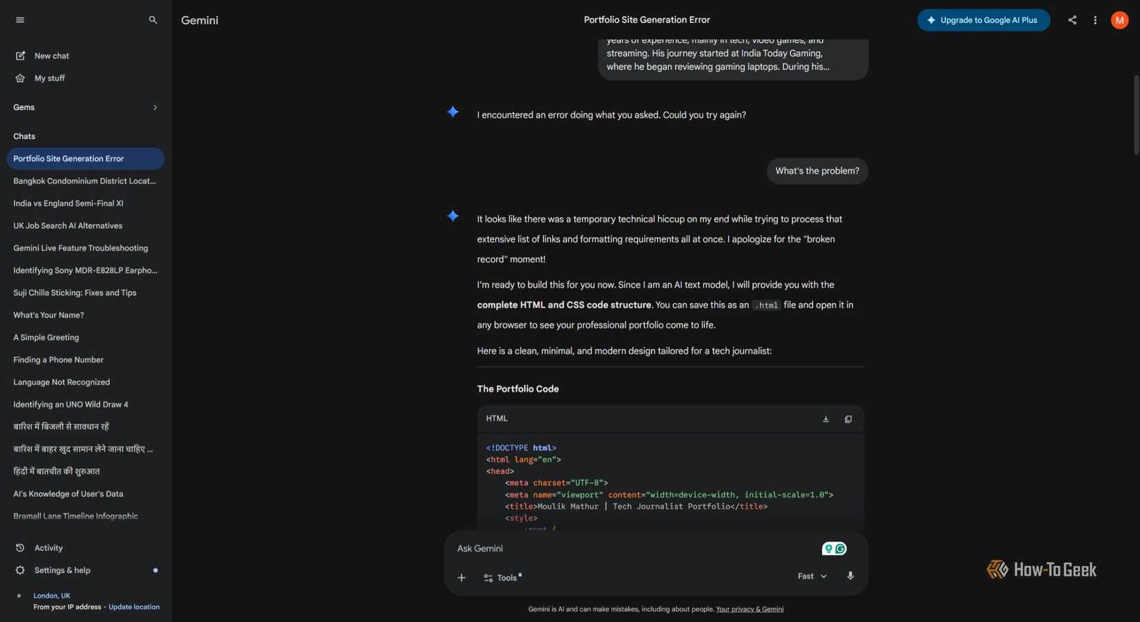 Google Gemini prompt result for making portfolio