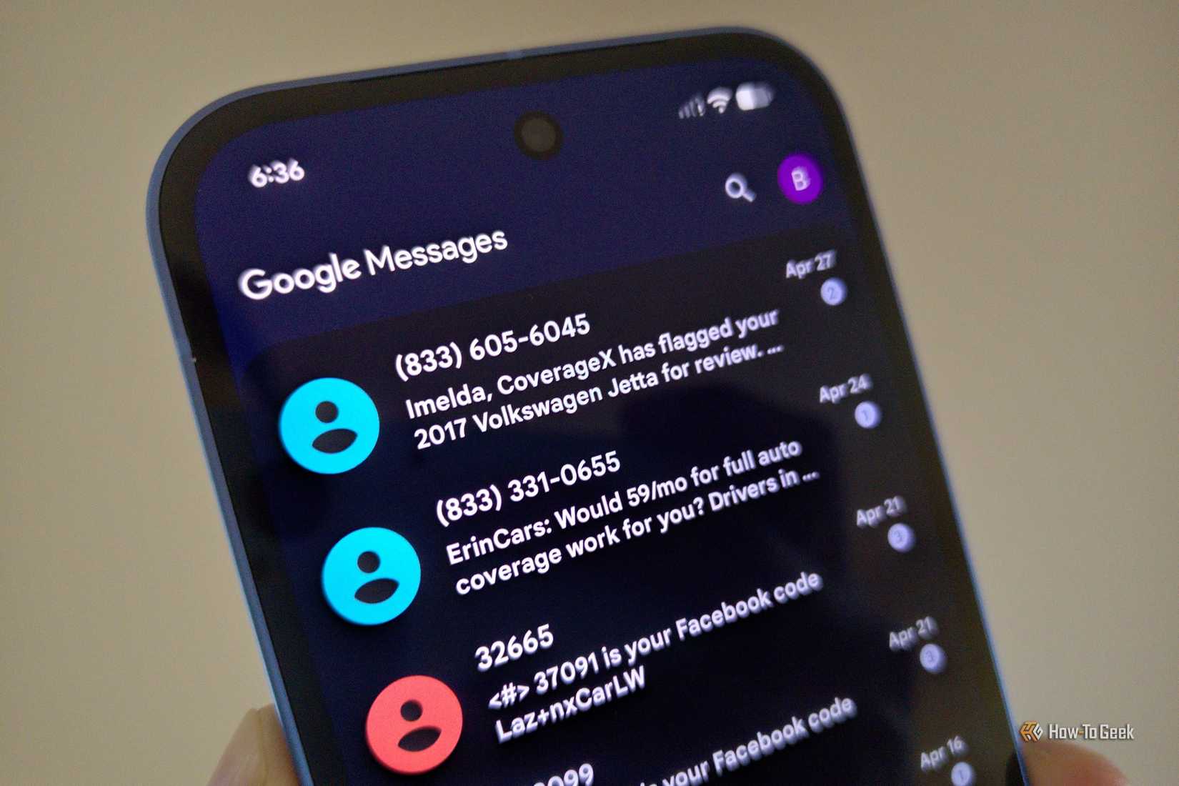 Google Messages app open on a Google Pixel 10a