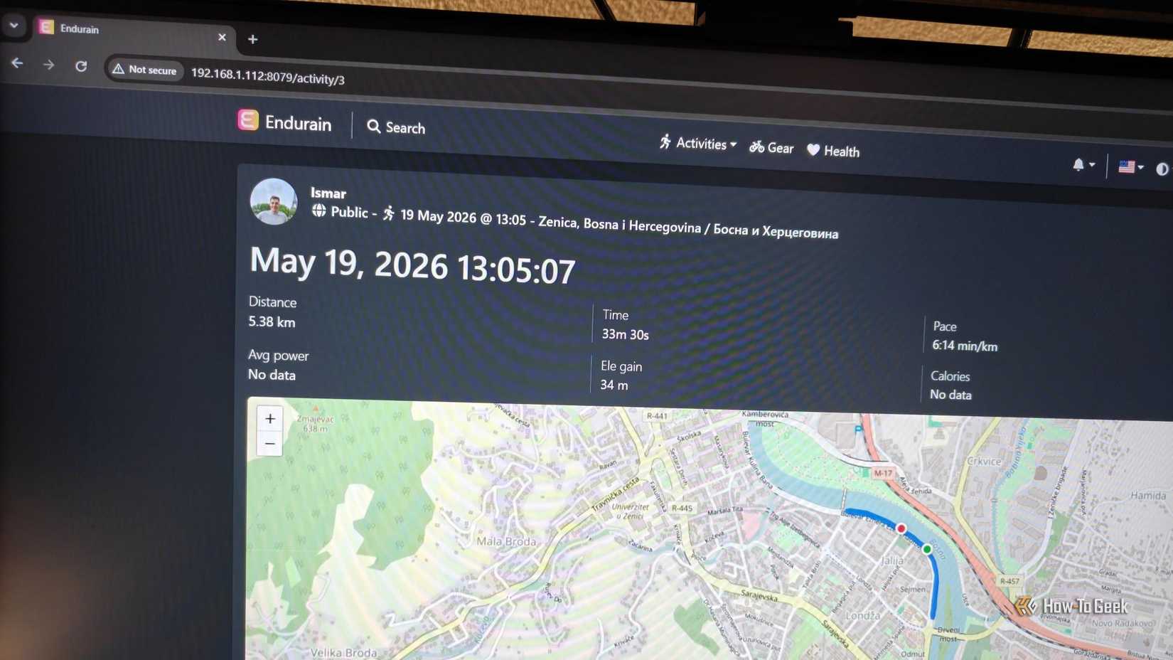 Endurain running on a computer, showing fitness data.