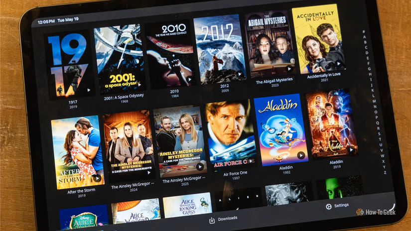 iPad showing Jellyfin movie library grid with 1917 2001 and Aladdin posters.