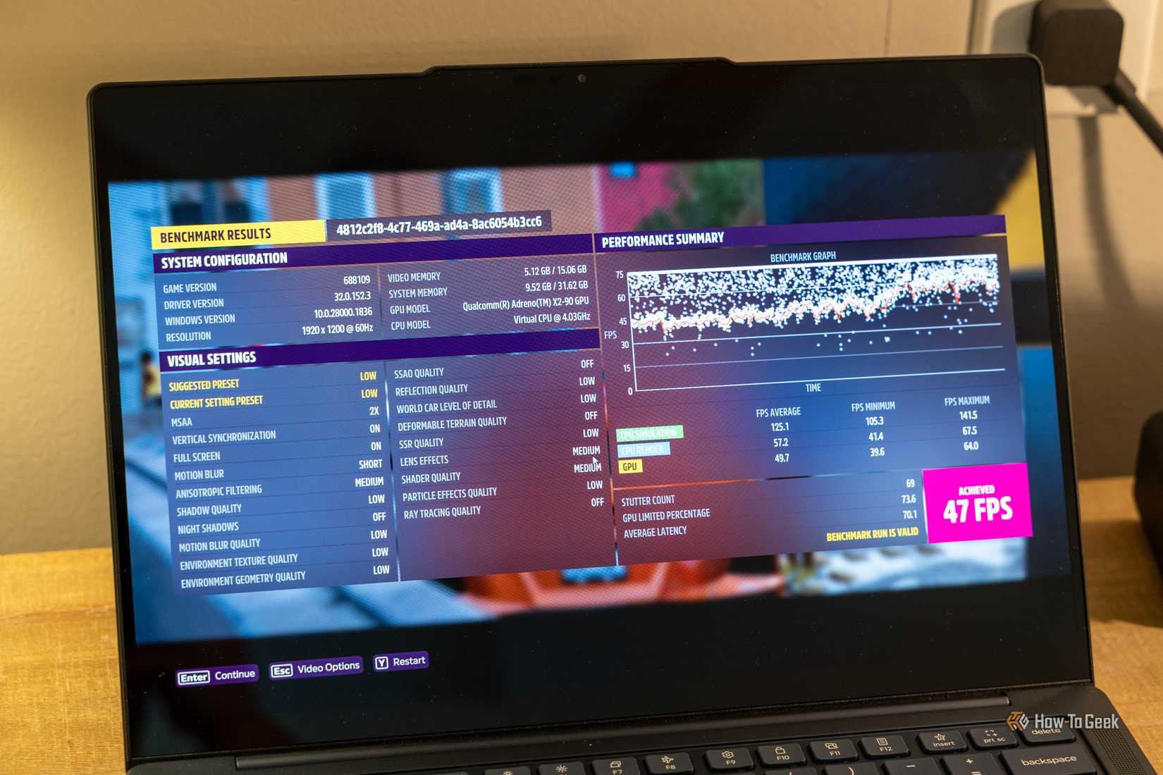 Lenovo Yoga Slim 7X showing game benchmark results with Snapdragon X2 Elite and Adreno X2 GPU.