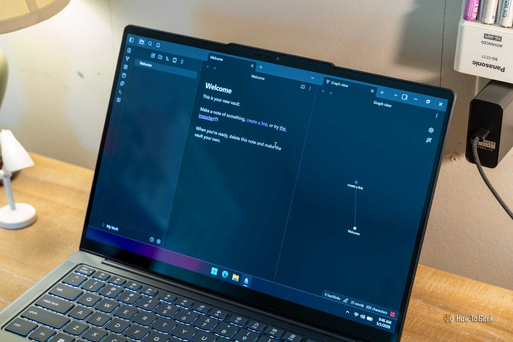 Obsidian desktop app showing the Welcome note and Graph view on a Windows laptop.