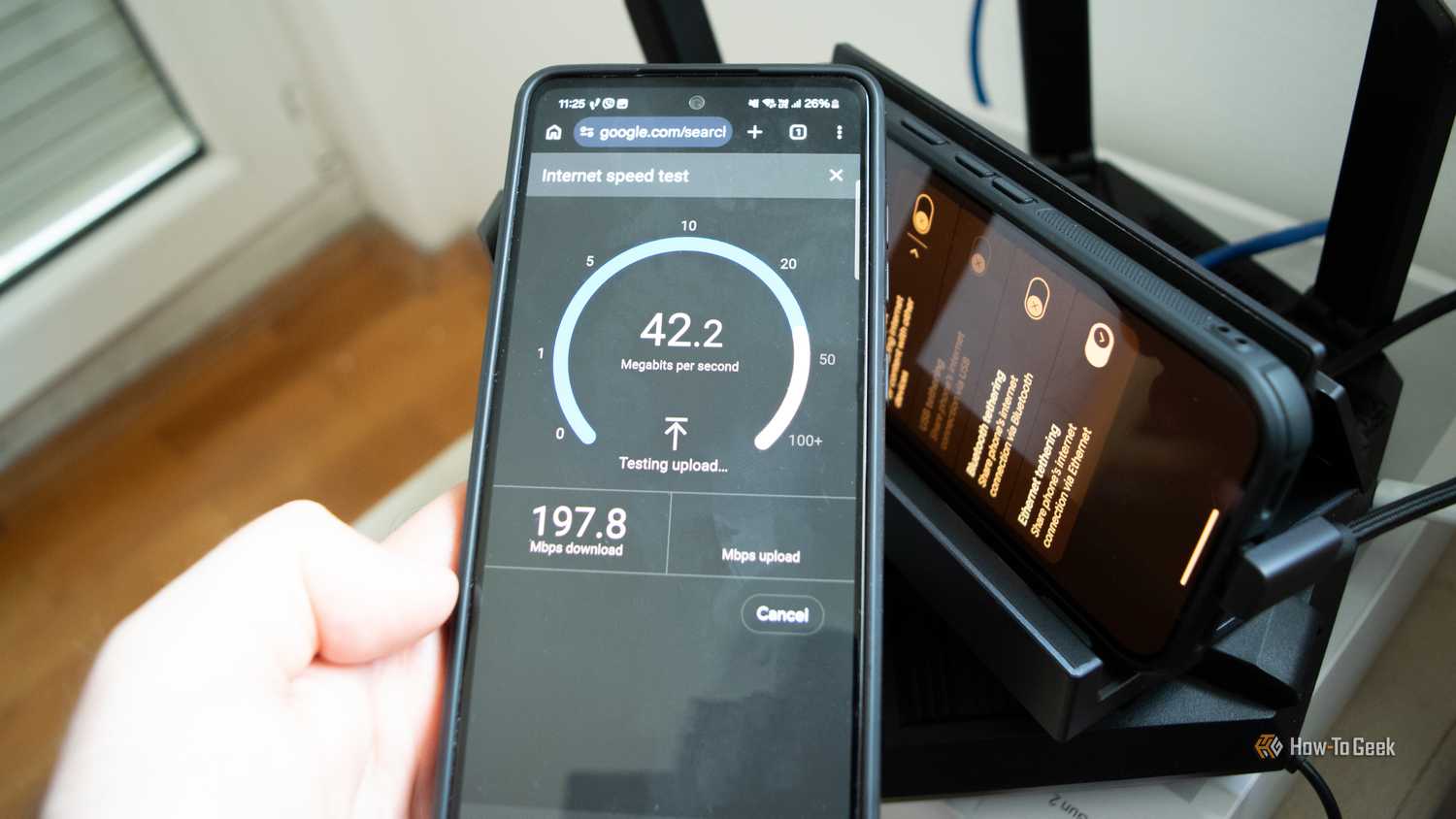 Performing internet speed test on a Samsung Galaxy A52S and getting 197.8 as high demand and 42.2 in main test.
