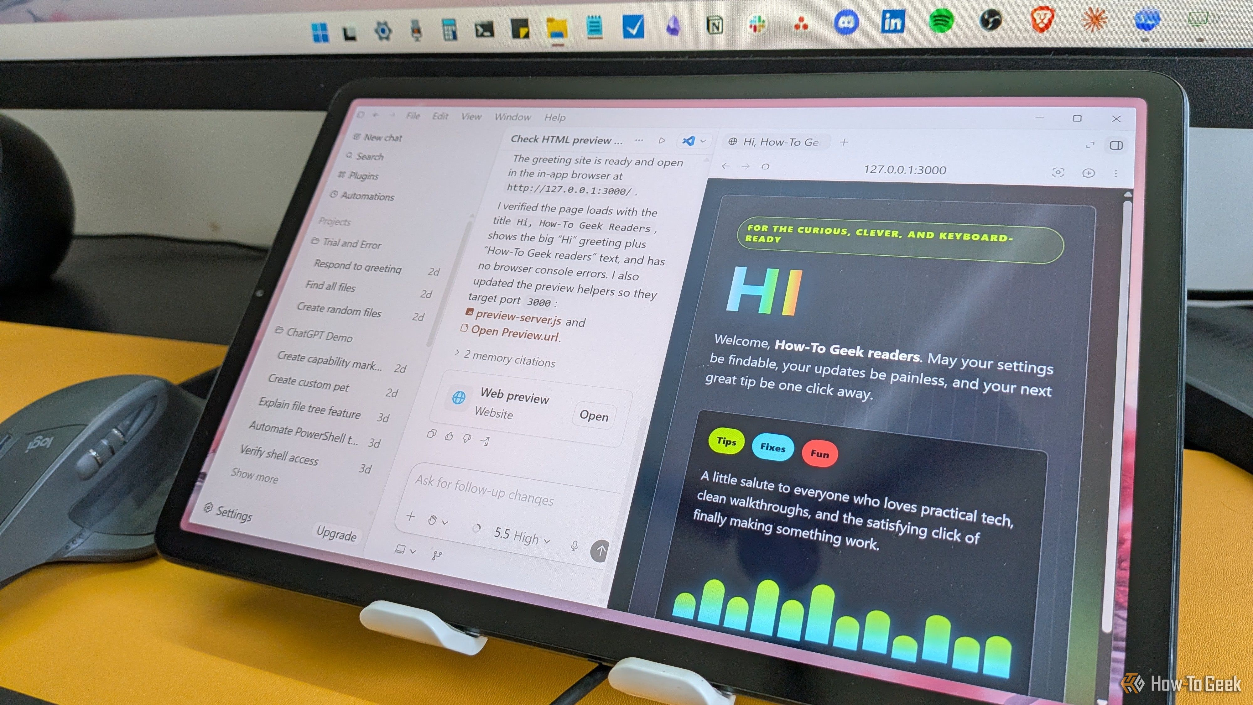 OpenAI Codex created an HTML website and previewed it within the app.
