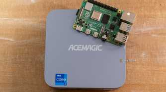 Raspberry Pi 4B sitting on top of the ACEMAGIC M5 mini PC for size comparison.