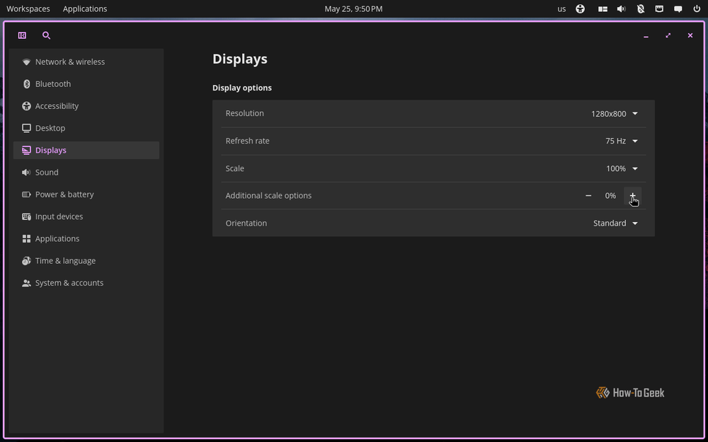 COSMIC's scaling settings offer presets and custom percentages in 5% increments.