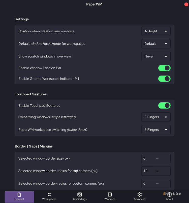 Screenshot  of papervm GNOME extension settings and options
