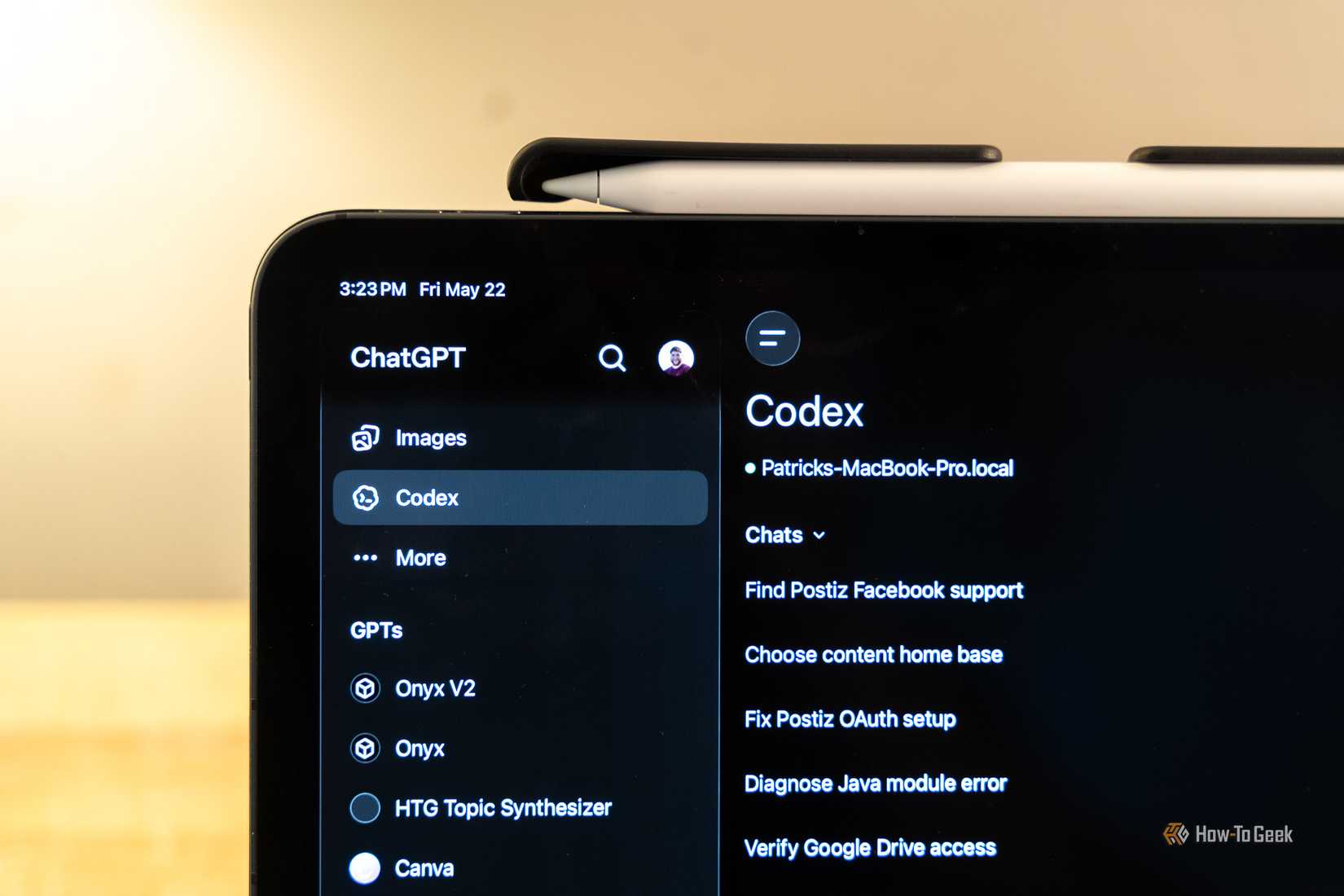 Tight crop of ChatGPT Codex on iPad connected to Patricks MacBook Pro local.
