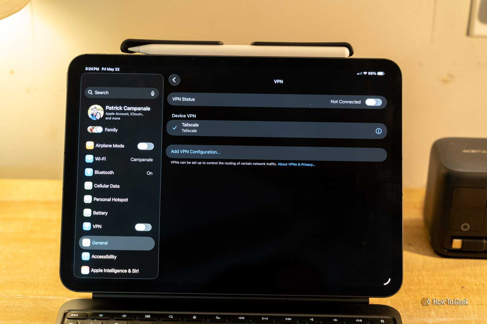 iPad wide view of Tailscale VPN configuration with VPN not connected status.