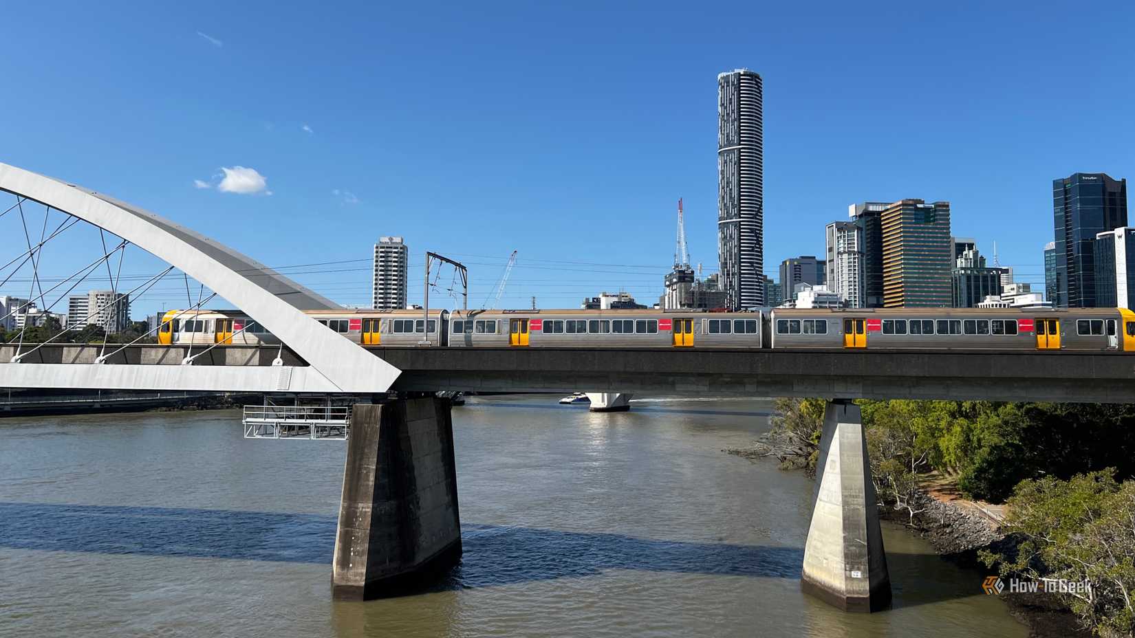 A train passing over the Brisbane River in Queensland, Australia.