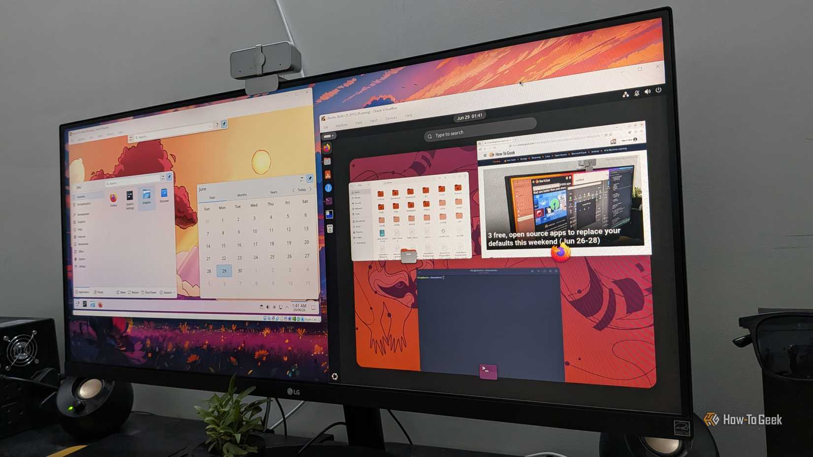 A Windows PC running two Virtual Box VMs one running KDE Plasma and the other GNOME.
