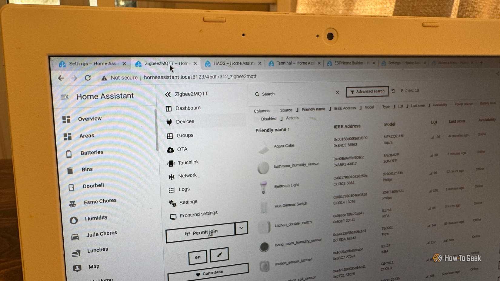 Chromebook used as Home Assistant terminal showing the Zigbee2MQTT devices page.