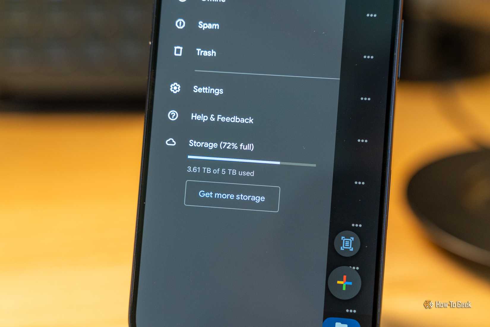 Google Drive storage usage meter on iPhone shows 3.61TB out of 5TB used.
