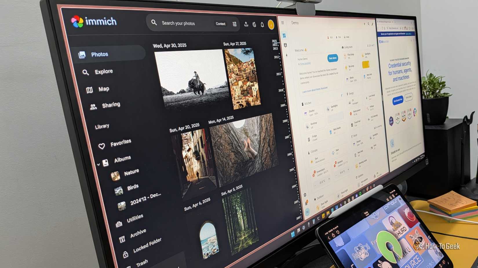 Immich, Home Assistant, and Bitwarden on side by side in a Windows PC.