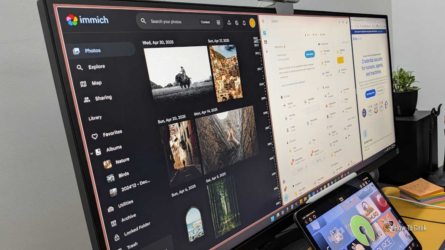 Как покупка мини-ПК помогает экономить 670 долларов в год на подписках Интерфейсы Immich, Home Assistant и Bitwarden на экране компьютера