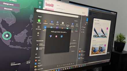 Proton VPN, Handy, and Upscayl running in a Windows 11 PC with those apps saved in the Start Menu.