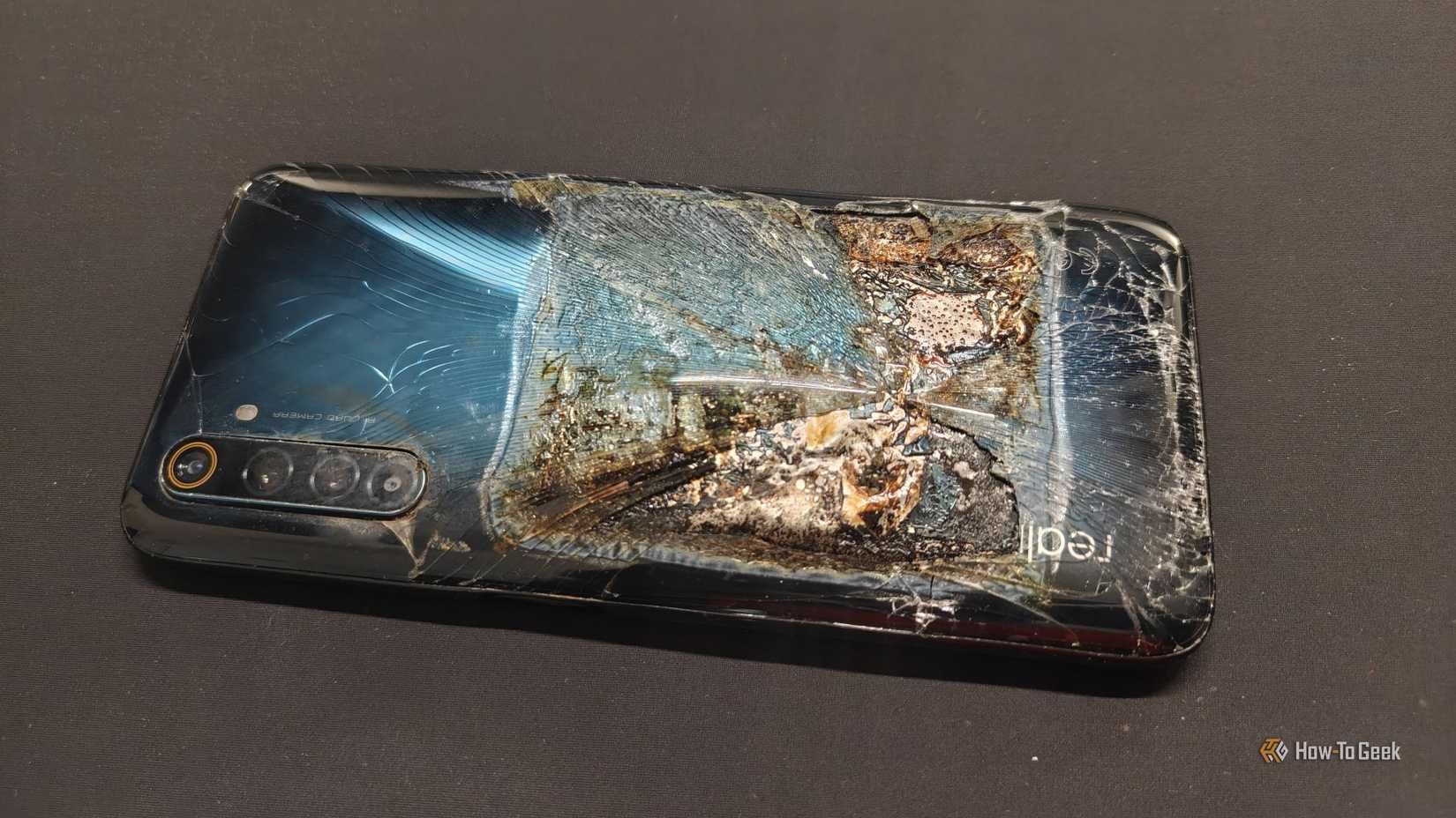 A Realme 6 Pro Android phone with a burned battery.