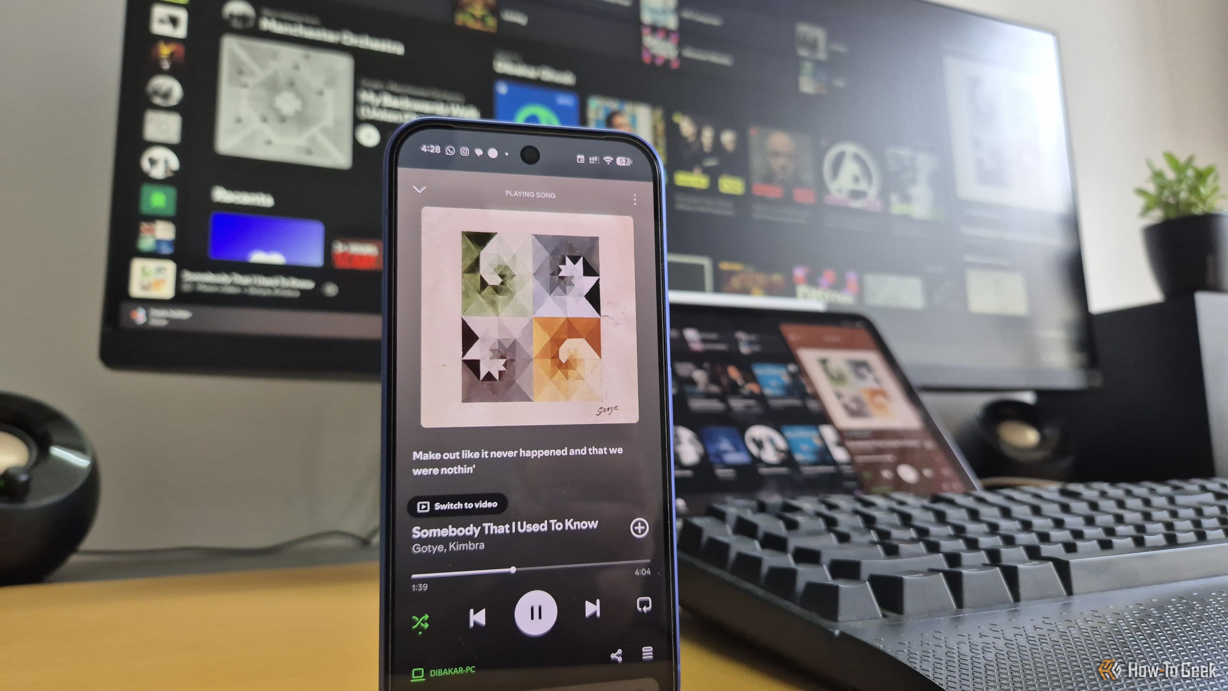 Somebody that I used to know playing on Spotify on a Pixel, iPad, and Windows PC.
