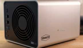 TerraMaster F4-425 Pro NAS rear cooling fan with model label and TerraMaster side logo.