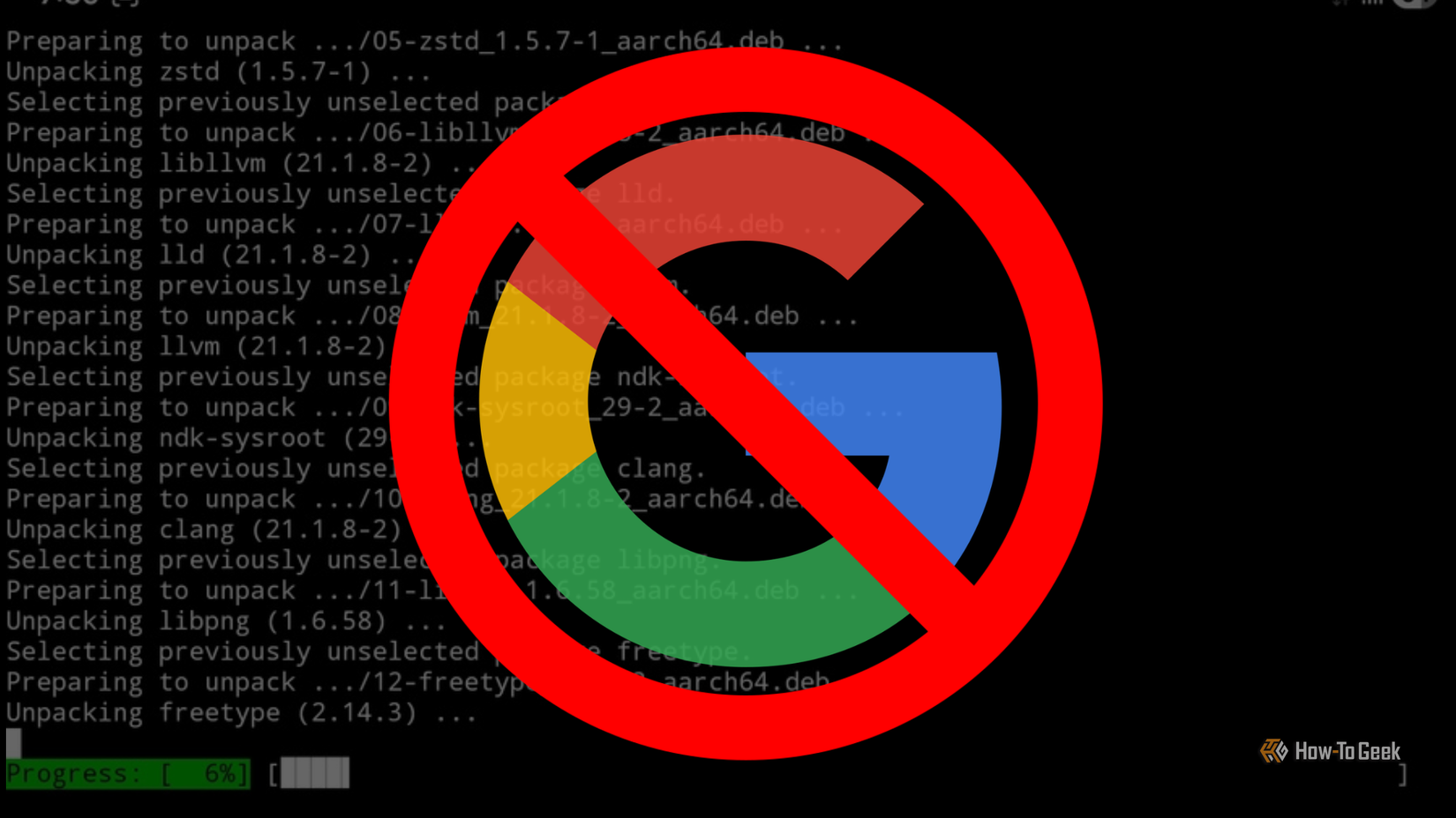 The Google Logo in a red circle with a line through it against a transparent terminal background.